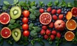 Creative composition of fresh fruits and vegetables used in sports nutrition, arranged in a visually appealing pattern showcasing the nutrition content
