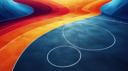 Wall Mural - Graphic design of a basketball court with abstract patterns, in shades of blue and orange