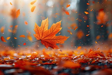 Wall Mural - Red and Orange Autumn Leaves Background. Realistic falling leaves. Autumn forest maple leaf in September season, flying orange foliage from tree on ground