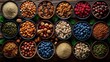 Top view of a wide assortment of nuts and seeds laid out on a rustic wooden table, natural lighting highlighting the textures and flavors