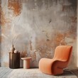 A 3D render of a modern living lounge room designed in the interior trend color of 2024 - a microcement pastel apricot, beige, and tan plaster finish, also known as peach fuzz. The texture mockup wall