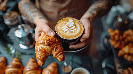 Wall Mural - Hands holding latte beside croissants on black table from above. photo