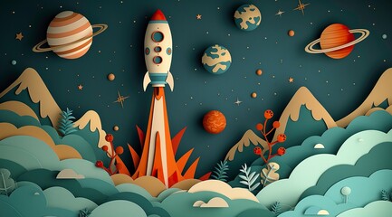 Wall Mural - rocket ascending amongst stars and planets in soft pastels, a delightful backdrop for nurseries and 