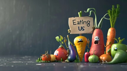 Joyful produce: cartoon characters, happy cute vegetables, and fruits holding a sign 'Eating Us.' A whimsical portrayal promoting the concept of proper nutrition and a healthy lifestyle.