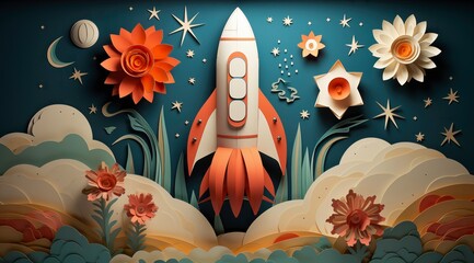 Wall Mural - rocket in a pastel dreamscape of stars and planets, for those who love space-themed artistic decor