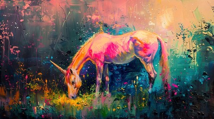 Naklejka na meble Abstract oil painting, unicorn in meadow, magical colors, dawn light, low angle, soft glow. 