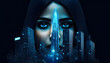 Futuristic vision of a woman with glowing eyes and urban skyline projection, holographic city skyline in shades of blue and black, depicting a futuristic and mysterious aura.