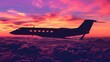 Silhouette of the Jet: Create a striking silhouette of the private jet against the colorful sunset sky, emphasizing the sleek and elegant design of the aircraft. Generative AI