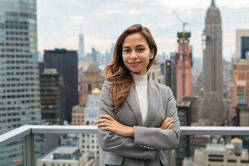 Business Woman in a Grey Suit on a New York City Building Rooftop With Skyline in the Background