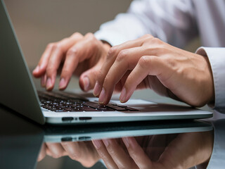 A close-up view of a person's hands typing on a laptop. The hands are delicately positioned over the laptop keyboard, with the fingers poised to press specific keys. The person is wearing a white shir