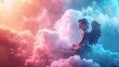 Guardian angel on the cloud prays for people thinks about good and evil about sin and redemption. Pink and blue clouds in the sky. Faith religion heaven love and forgiveness concept.