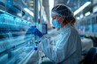 A woman in a lab coat is wearing a mask and gloves while working with vials. The scene is blurry and has a sense of urgency, as if the woman is working on an important project