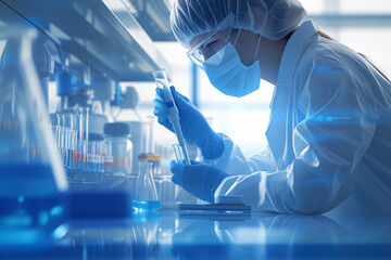 Poster - A woman in a lab coat is wearing a blue and white hat and gloves. She is working with a variety of beakers and test tubes, including one that is blue