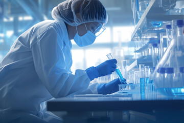 Poster - A woman in a lab coat is wearing a blue and white hat and gloves. She is working with a variety of beakers and test tubes, including one that is blue