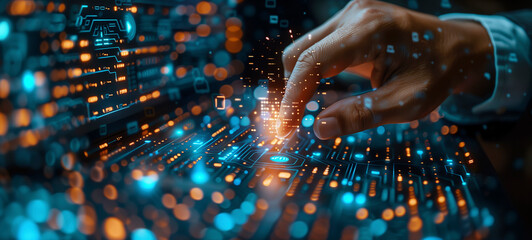 Poster - Business man using AI technology for data analysis, coding computer language with digital brain, machine learning on virtual screen, business intelligence, AI Artificial Intelligence.