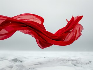 A red scarf floating in the wind against a backdrop