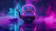 Digital synthwave neon teapot whistling with neon steam