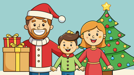 Happy mom dad and kid celebrating Christmas doing vector illustration