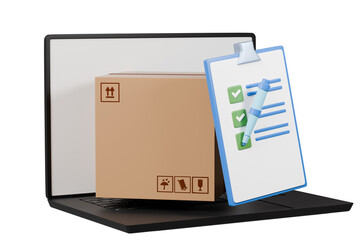 Wall Mural - 3d Laptop computer device with checklist and cardboard box or parcel box icon. isolated on white background. 3d minimal laptop with cardboard box and a checklist note. 3d rendering illustration.