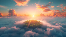 A Small Island Is Surrounded By Clouds And The Sun Is Shining On It