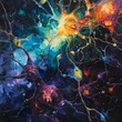 Bring the world of neurotransmitters to life with a detailed oil painting, highlighting the beauty and complexity of synapses firing Convey the feeling of electrical impulses and chemical signals in r