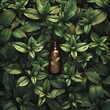Craft a digital rendering of a top-down perspective of a yohimbe extract bottle surrounded by lush green leaves, creating a striking contrast CG 3D rendering, hyper-realistic style