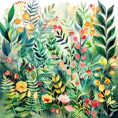  Produce a vivid watercolor illustration of a lush, mystical forest filled with vibrant herbs and plants used in natural remedies Capture the essence of tranquility and healing