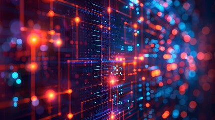 Digital electronic technology glowing background. Blockchain technology wallpaper. Computer network shiny poster. Bright lights. Raster bitmap digital illustration. AI artwork. 