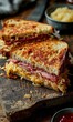 Gourmet Grilled Cheese Sandwich with Ham on Wooden Board