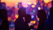 Silhouettes of confident individuals mingling and exchanging business cards at a defocused networking event for aspiring entrepreneurs and angel investors set against a vibrant backdrop .