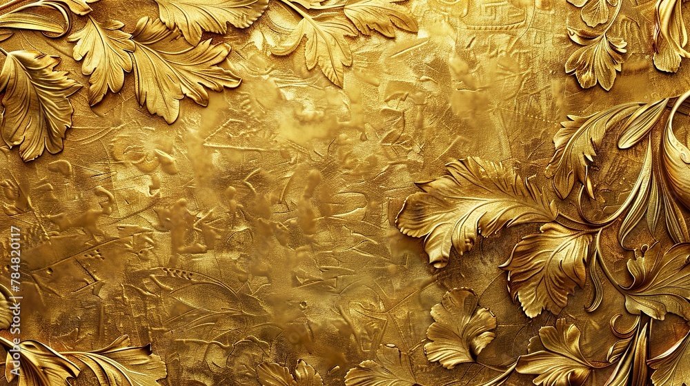 A gold embossed background of flowers and leaves displays an intricate ...