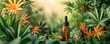 Dropper bottle of CBD oil product. Cannabis oil on a background of leaves and inflorescences of cannabis. Bottle without label. Template for design. Banner with place for text. CBD oil concept