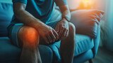 Fototapeta  - pain in the joints of the knee and lower leg, joint diseases, arthritis, concept of sports and medical anatomy and body health, man on the sofa at home suffering from pain