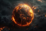 Fototapeta  - flames engulfing glowing globe amidst dark ominous clouds, symbolizing climate change