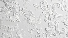 A White Embossed Background Of Flowers And Leaves Displays An Intricate, Tactile Texture Of Depth And Visual Interest. Flowers And Leaves Carved In Relief On The Background.
