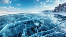 Baikal Ice Landscape, Winter Season, Transparent Ice With Cracks On The Lake , Generative Ai, 