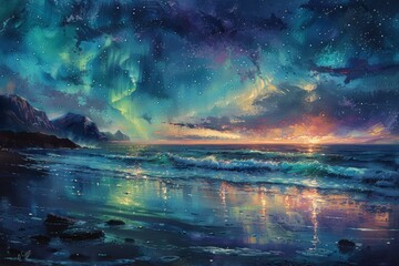 Wall Mural - a painting of a beach with a beautiful blue ocean and a sky full of stars