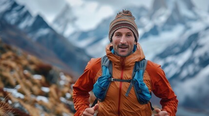 A healthy man trail runner runs for exercise at mountain range.