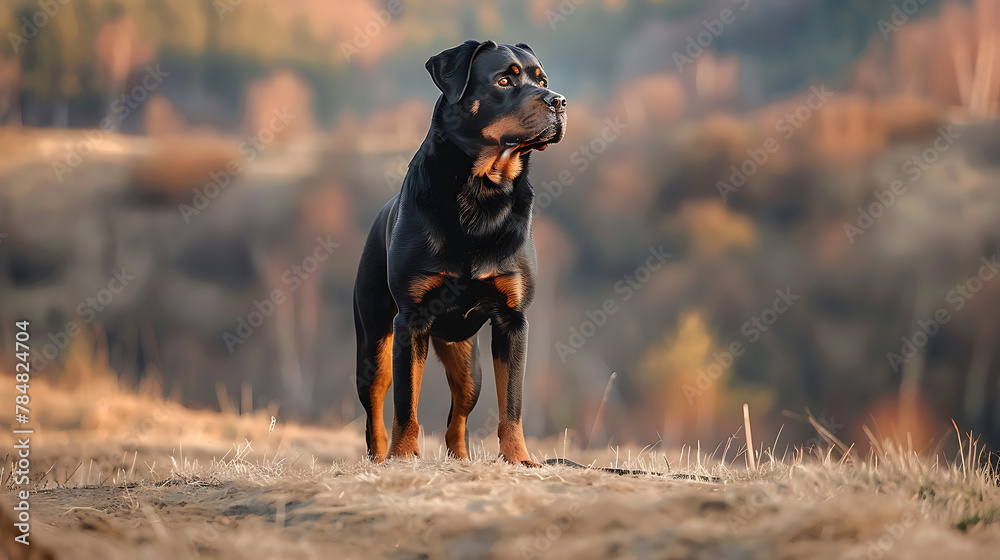 An imposing Rottweiler, with a strong and muscular build, standing ...