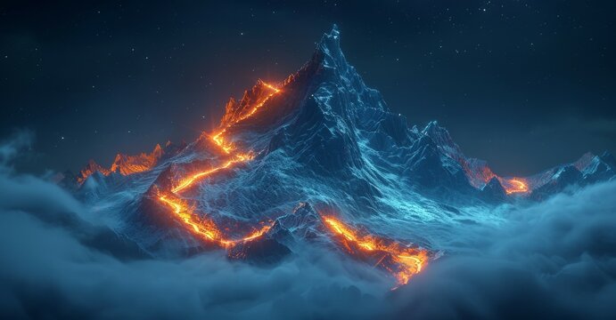 A mountain with a blue and orange fire on it