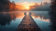 A wooden bridge spans a body of water with a sun reflecting on the water