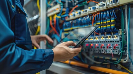 Close up hand of engineer or electrician man working check the electrical system with tablet at factory.