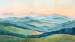 © HDP-STUDIO - Craft a serene landscape of rolling hills and distant mountains under a pastel-colored sky, using watercolor to evoke a sense of calm and wonder