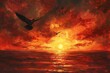 Capture the mystique of a lone, majestic bird soaring against a backdrop of a fiery sunset in a rich oil painting