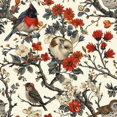 Sticker - a centerpiece of branches, leaves and mushrooms surrounded by robins