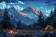 Capture the essence of wilderness camping with a modern twist! Utilize pixel art techniques to craft a vibrant frontal view Incorporate pop art elements and strategically place symbols of financial tr