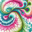 soft curling curving abstract art in bold colors of pink, blue and green with peacock feather effect