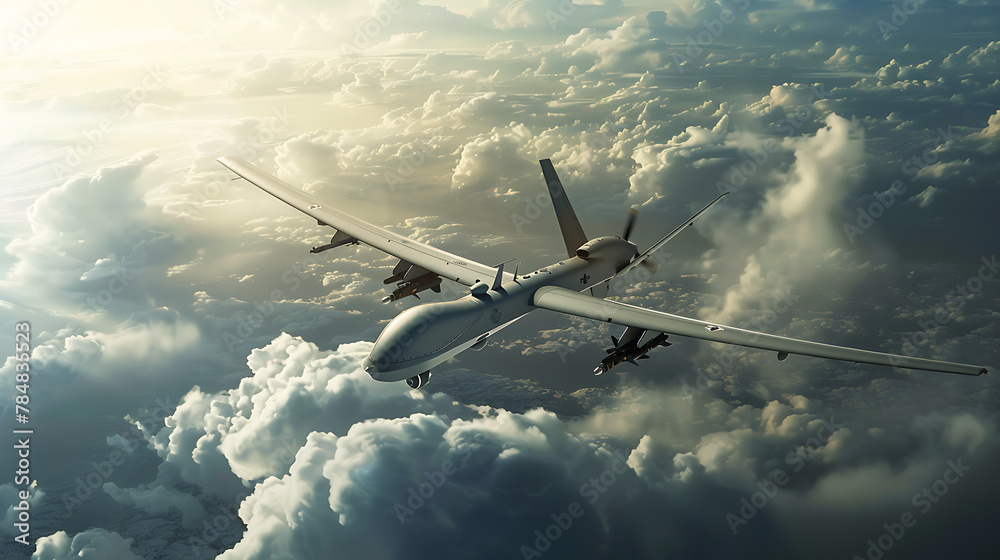 A futuristic image featuring a military drone hovering silently in the ...