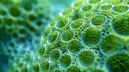 Wall Mural - A microscopic view of a volvox colony a type of green algae that consists of hundreds of individual cells forming a spherical shape.