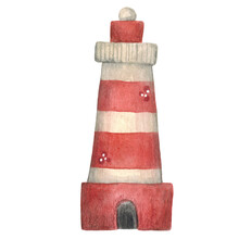 The Lighthouse Is White With Red Stripes On A White Background. Watercolor Illustration In Children's Style, Hand-drawn. Blank For Postcards, Posters. Cartoon, Children, Kids, Boy, Isolated, Lighthous